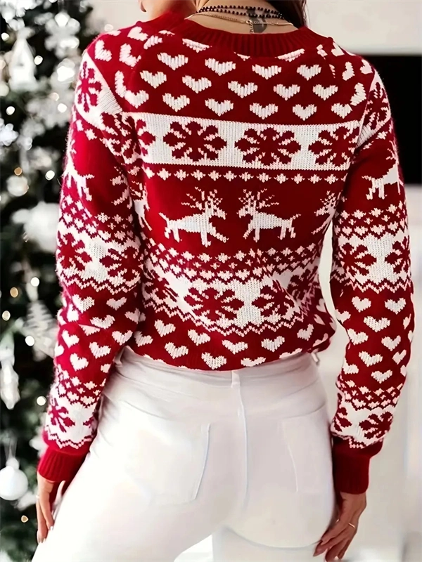 Women's Festive Red Christmas Sweater - Cozy Reindeer & Snowflake Knit Pullover for Holiday Season