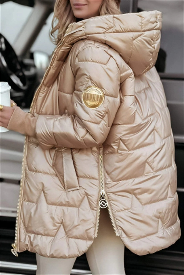 Women's Glossy Hooded Puffer Coat – Chic Mid-Length Winter Jacket with Gold Zippers & Warm Quilted Design