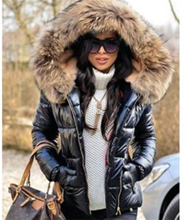 Women's Hooded Puffer Jacket with Fur Collar – Cozy Winter Parka Outerwear