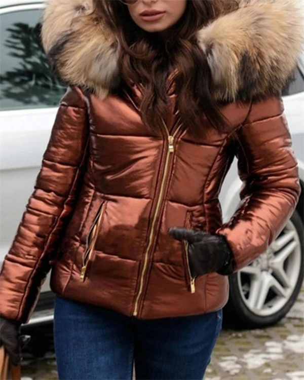 Women's Hooded Puffer Jacket with Fur Collar – Cozy Winter Parka Outerwear