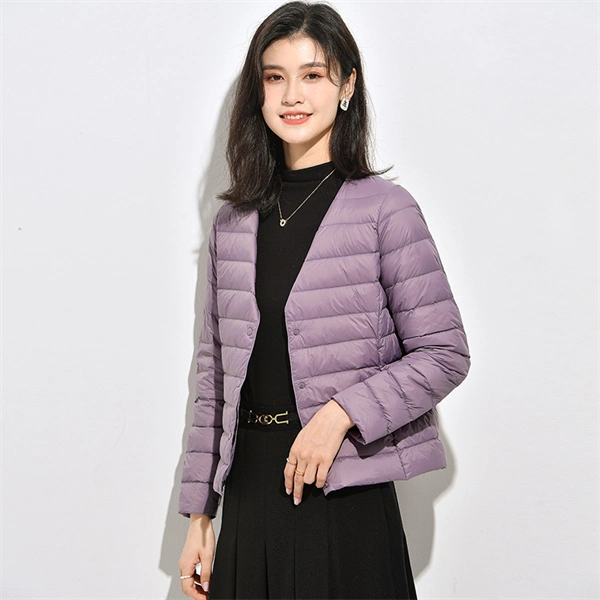 Women’s Lightweight V-Neck Down Jacket – Warm Winter Coat, Button Front, Long Sleeve, Solid Color, Casual & Portable