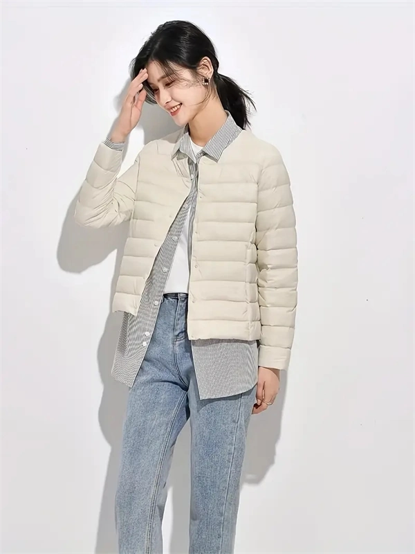 Women’s Lightweight V-Neck Down Jacket – Warm Winter Coat, Button Front, Long Sleeve, Solid Color, Casual & Portable