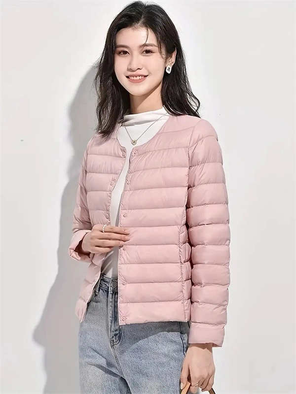 Women’s Lightweight V-Neck Down Jacket – Warm Winter Coat, Button Front, Long Sleeve, Solid Color, Casual & Portable