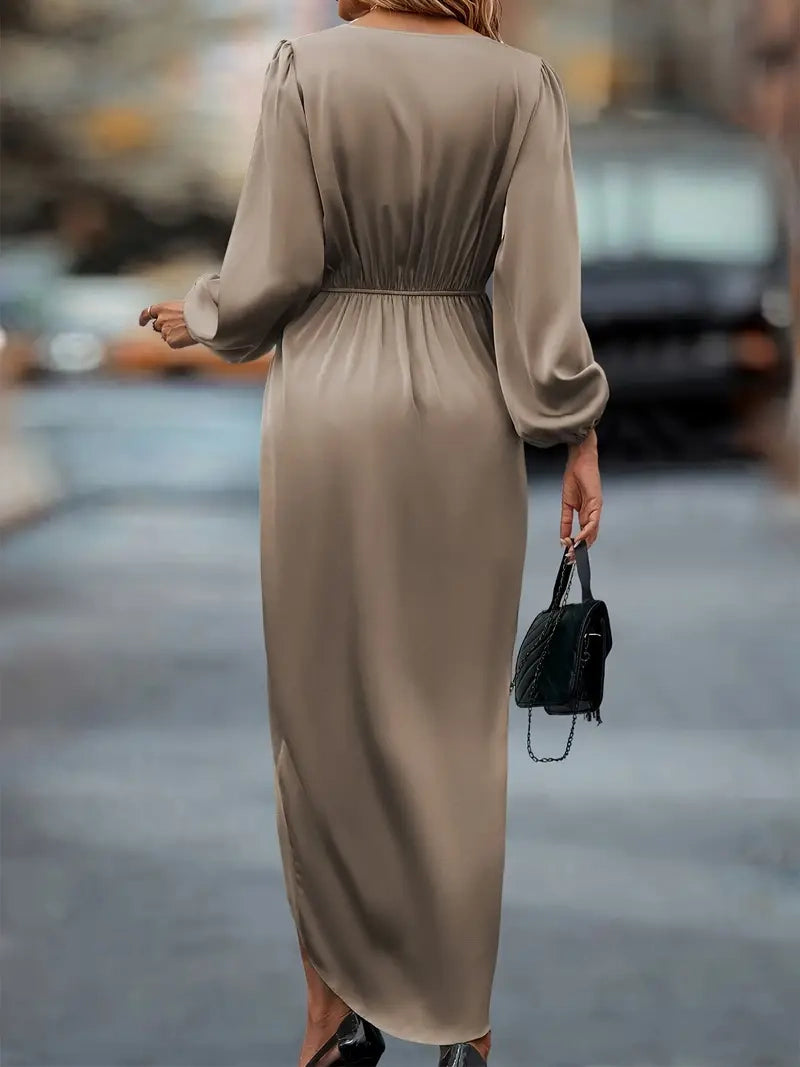 Women's Long Sleeve Wrap Dress - Ruched Waist Design for Spring Fall Fashion