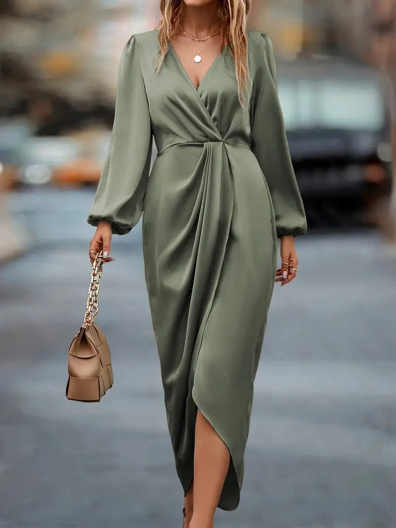 Women's Long Sleeve Wrap Dress - Ruched Waist Design for Spring Fall Fashion