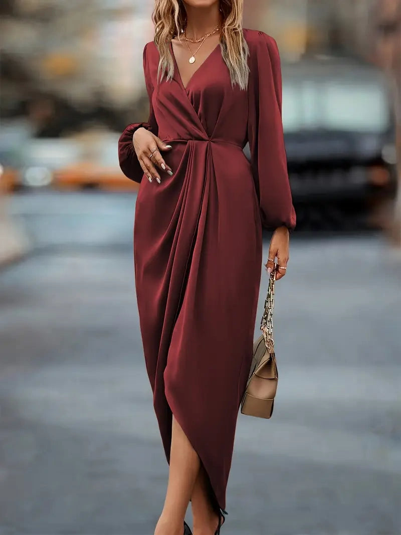 Women's Long Sleeve Wrap Dress - Ruched Waist Design for Spring Fall Fashion