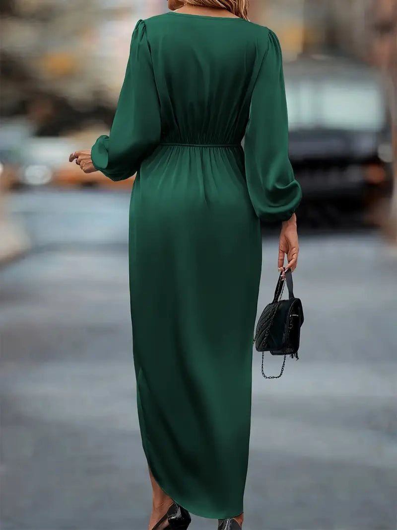 Women's Long Sleeve Wrap Dress - Ruched Waist Design for Spring Fall Fashion
