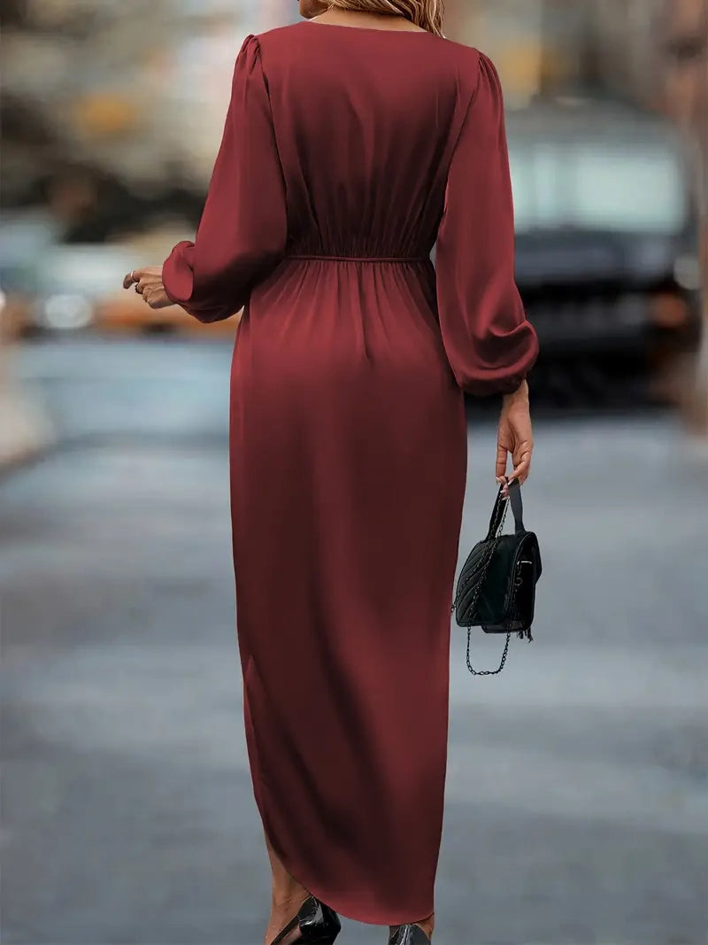 Women's Long Sleeve Wrap Dress - Ruched Waist Design for Spring Fall Fashion