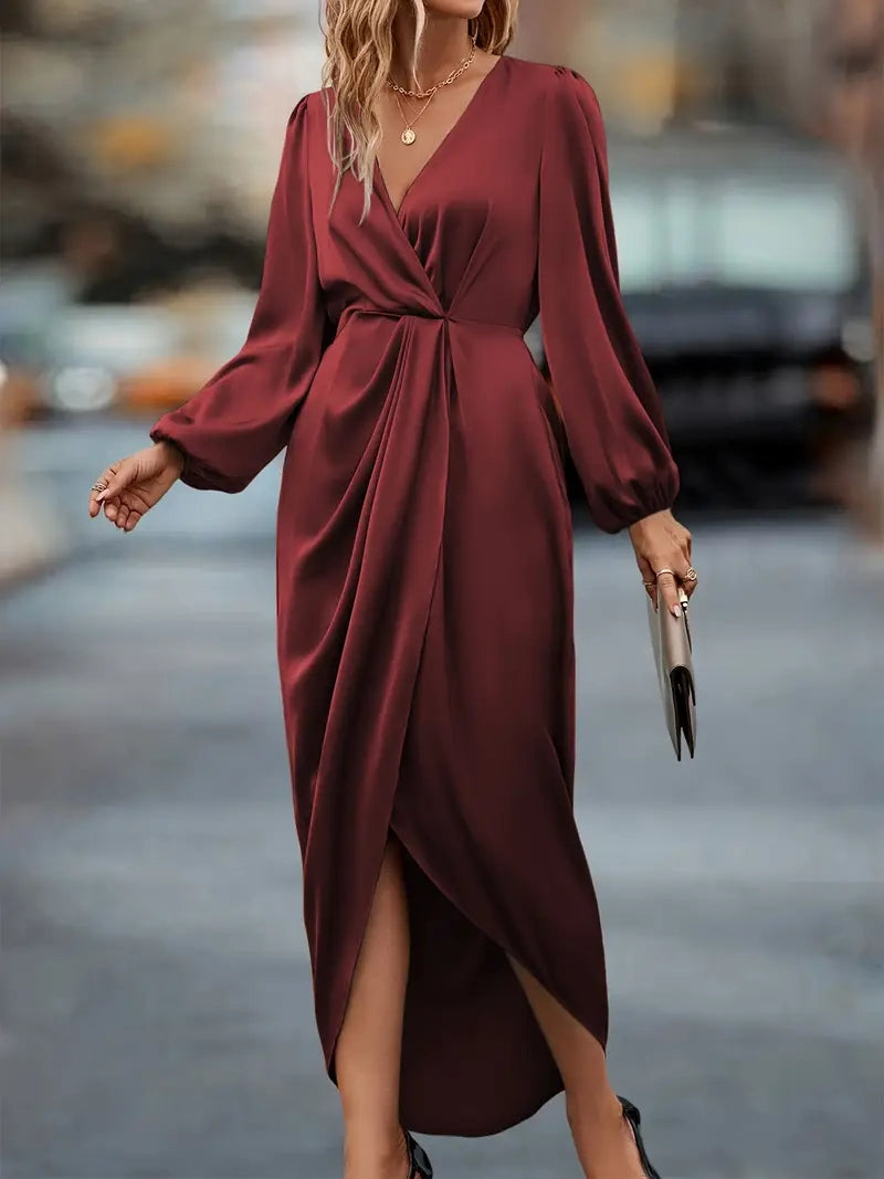Women's Long Sleeve Wrap Dress - Ruched Waist Design for Spring Fall Fashion