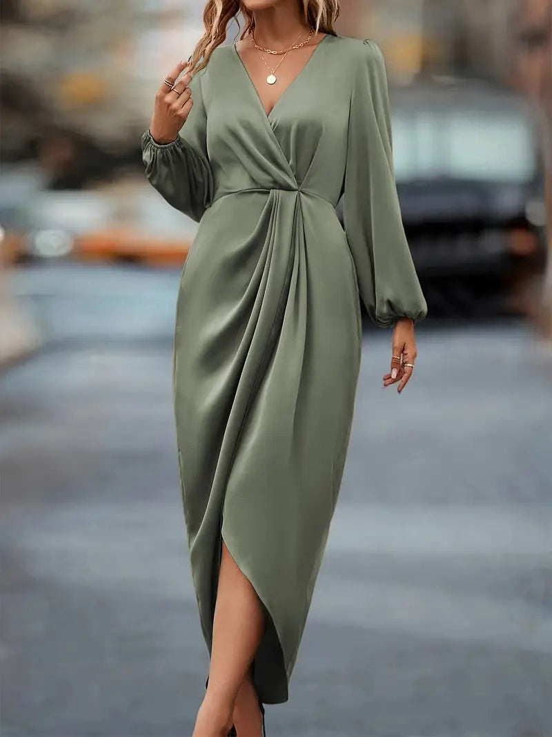Women's Long Sleeve Wrap Dress - Ruched Waist Design for Spring Fall Fashion