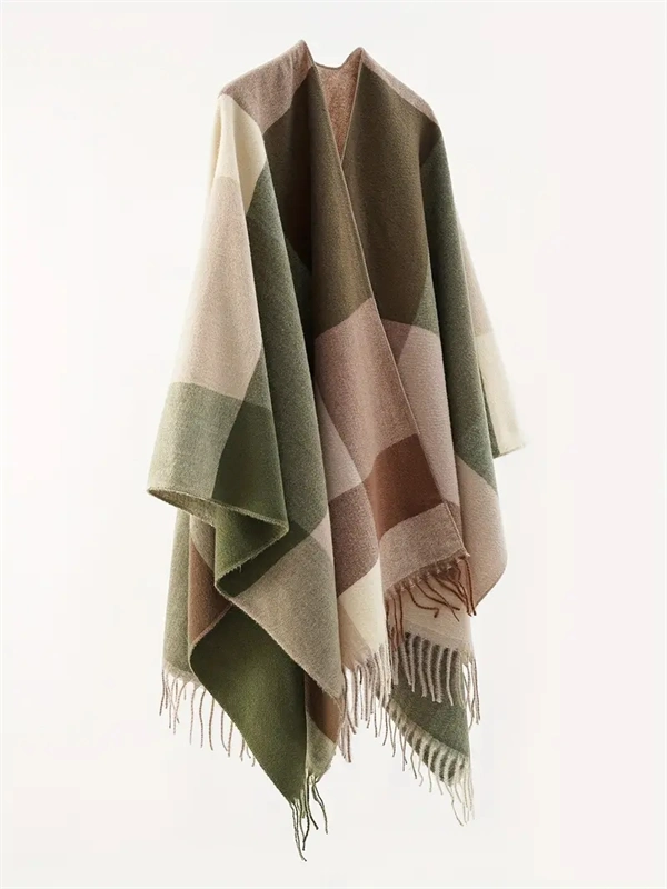 Women's Oversized Plaid Poncho Shawl - Fringed Wrap Cardigan for Fall Winter