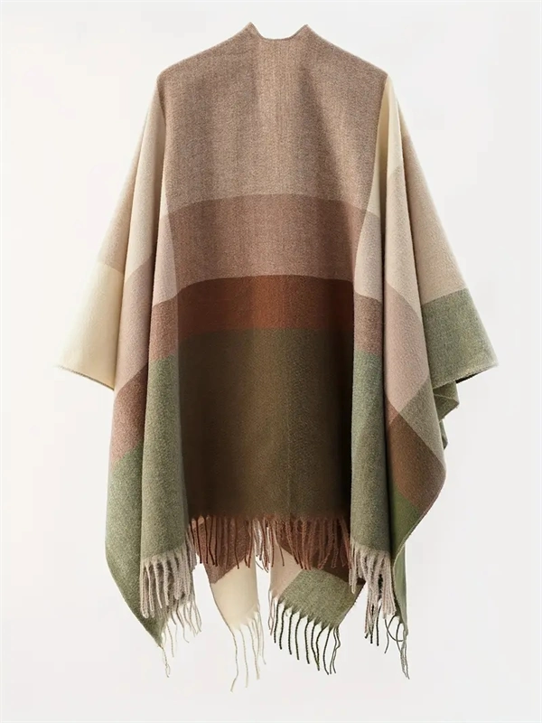 Women's Oversized Plaid Poncho Shawl - Fringed Wrap Cardigan for Fall Winter