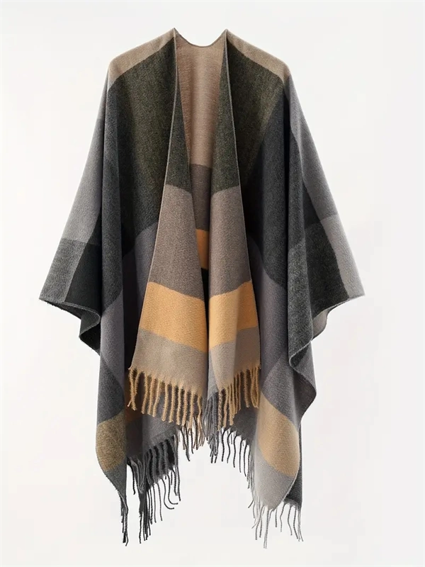 Women's Oversized Plaid Poncho Shawl - Fringed Wrap Cardigan for Fall Winter