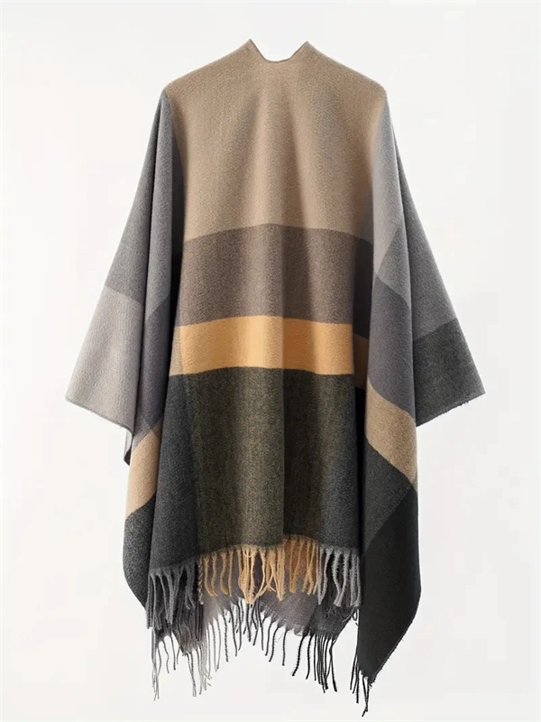Women's Oversized Plaid Poncho Shawl - Fringed Wrap Cardigan for Fall Winter
