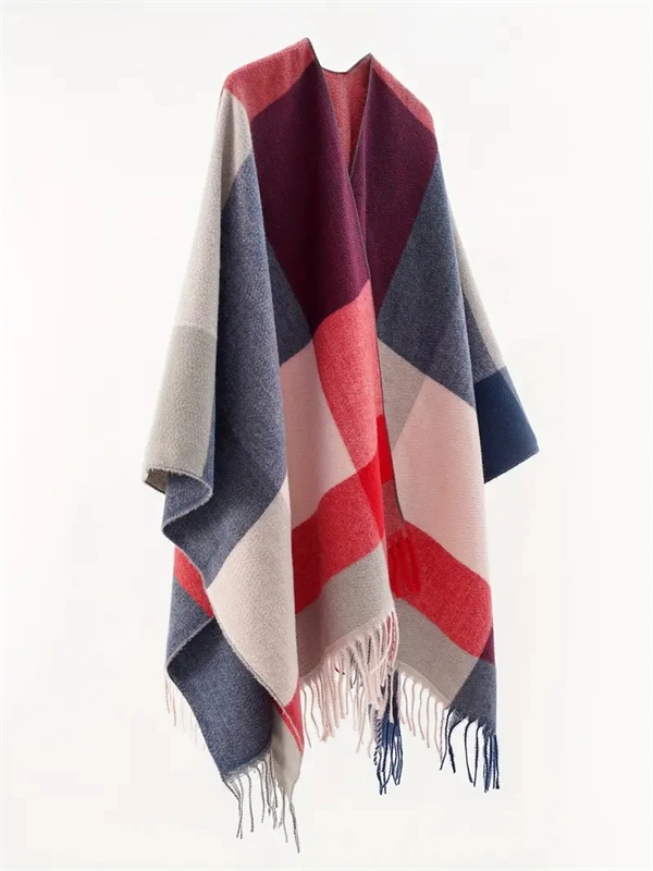 Women's Oversized Plaid Poncho Shawl - Fringed Wrap Cardigan for Fall Winter