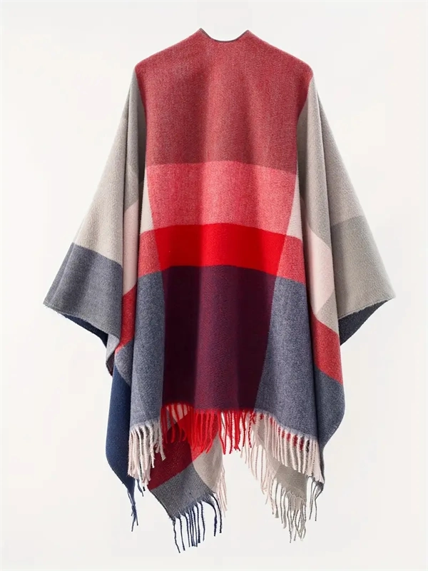 Women's Oversized Plaid Poncho Shawl - Fringed Wrap Cardigan for Fall Winter