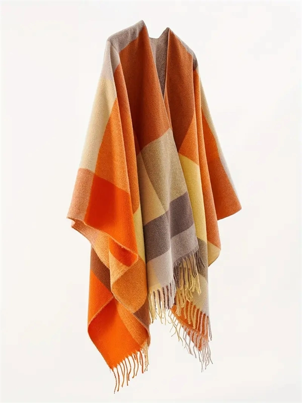 Women's Oversized Plaid Poncho Shawl - Fringed Wrap Cardigan for Fall Winter