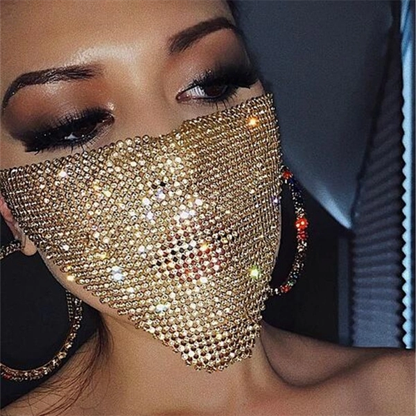 Women's Party Rhinestone Face Mask – Shiny Metallic Mesh Masquerade Club Accessory