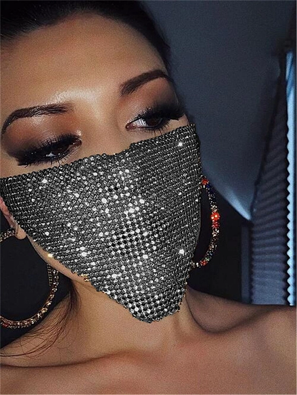 Women's Party Rhinestone Face Mask – Shiny Metallic Mesh Masquerade Club Accessory