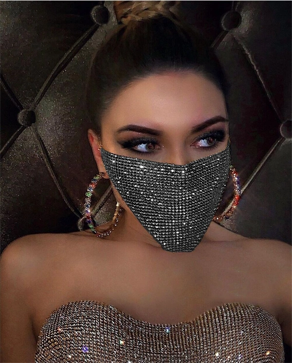 Women's Party Rhinestone Face Mask – Shiny Metallic Mesh Masquerade Club Accessory