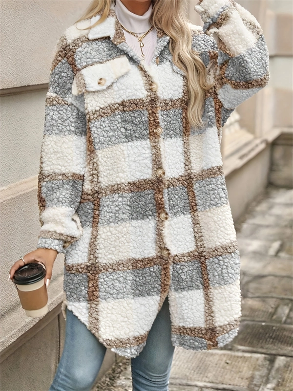 Women's Patchwork Teddy Coat - Fleece Jacket with Buttons for Fall & Winter