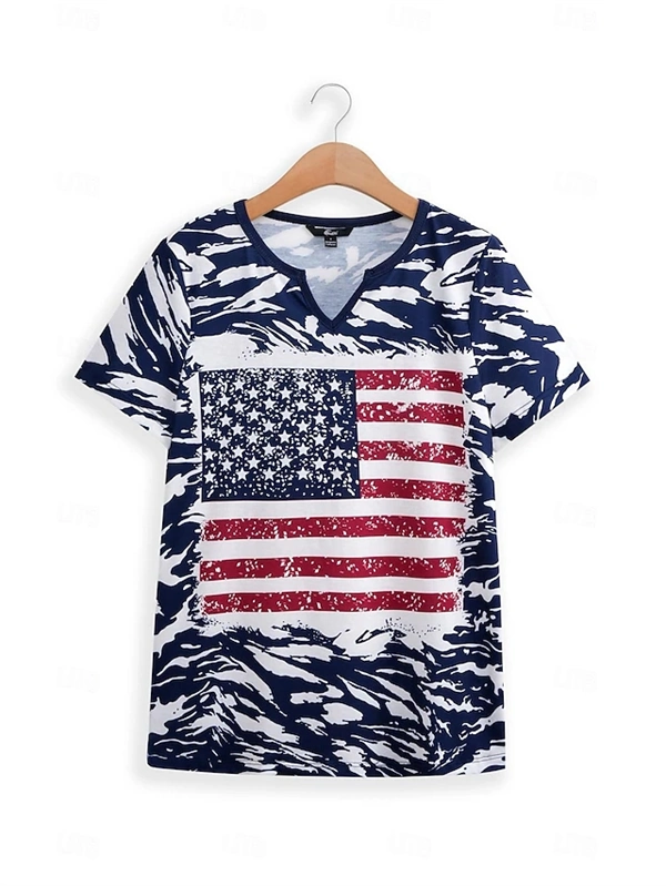Women's Patriotic 4th of July V-Neck T-Shirt – American Flag Camo Print, Red White & Blue – Casual Summer Top with Button Detail, Regular & Plus Sizes