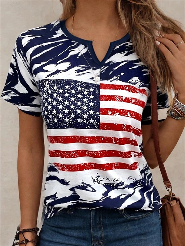 Women's Patriotic 4th of July V-Neck T-Shirt – American Flag Camo Print, Red White & Blue – Casual Summer Top with Button Detail, Regular & Plus Sizes
