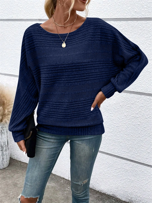 Women's Ribbed Dolman Sleeve Sweater - Relaxed Fit Pullover with Stretch, Solid Colors for Fall & Winter
