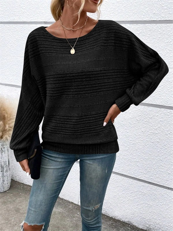 Women's Ribbed Dolman Sleeve Sweater - Relaxed Fit Pullover with Stretch, Solid Colors for Fall & Winter