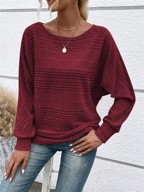 Women's Ribbed Dolman Sleeve Sweater - Relaxed Fit Pullover with Stretch, Solid Colors for Fall & Winter