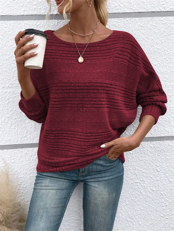 Women's Ribbed Dolman Sleeve Sweater - Relaxed Fit Pullover with Stretch, Solid Colors for Fall & Winter