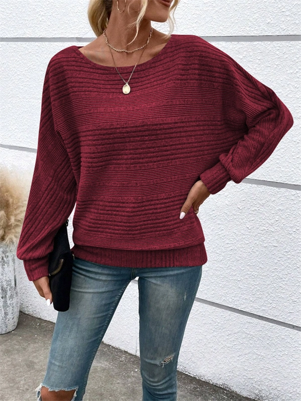 Women's Ribbed Dolman Sleeve Sweater - Relaxed Fit Pullover with Stretch, Solid Colors for Fall & Winter