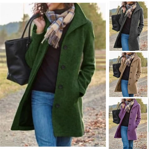 Women's Tweed Coat - Mid-Length Button-Front Jacket with Pockets for Fall & Winter