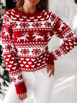 Women's Christmas Snowflake Reindeer Knitted Sweater Long Sleeve Crew Neck Heart Print Pullover Knitwear