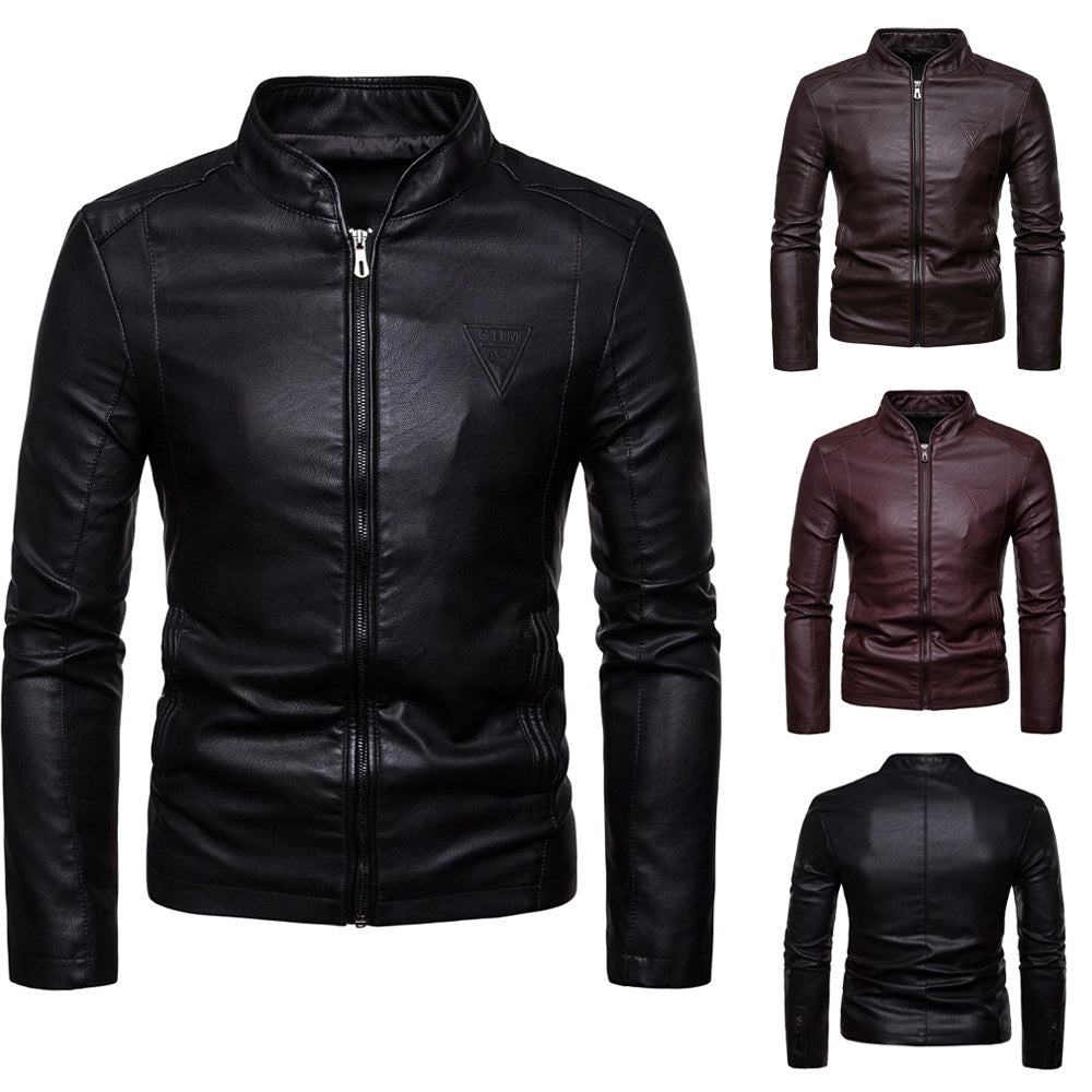 Men's Leather Jacket Slim-Fit Collar PU Leather Jacket Coat