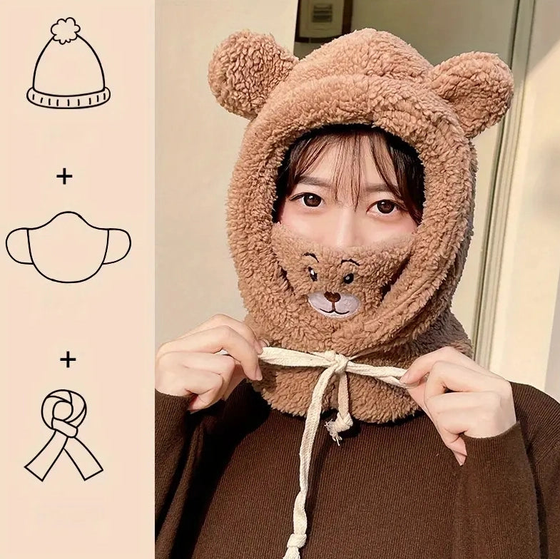 Cute Bear Integrated Ear Protection Windproof Cap Scarf