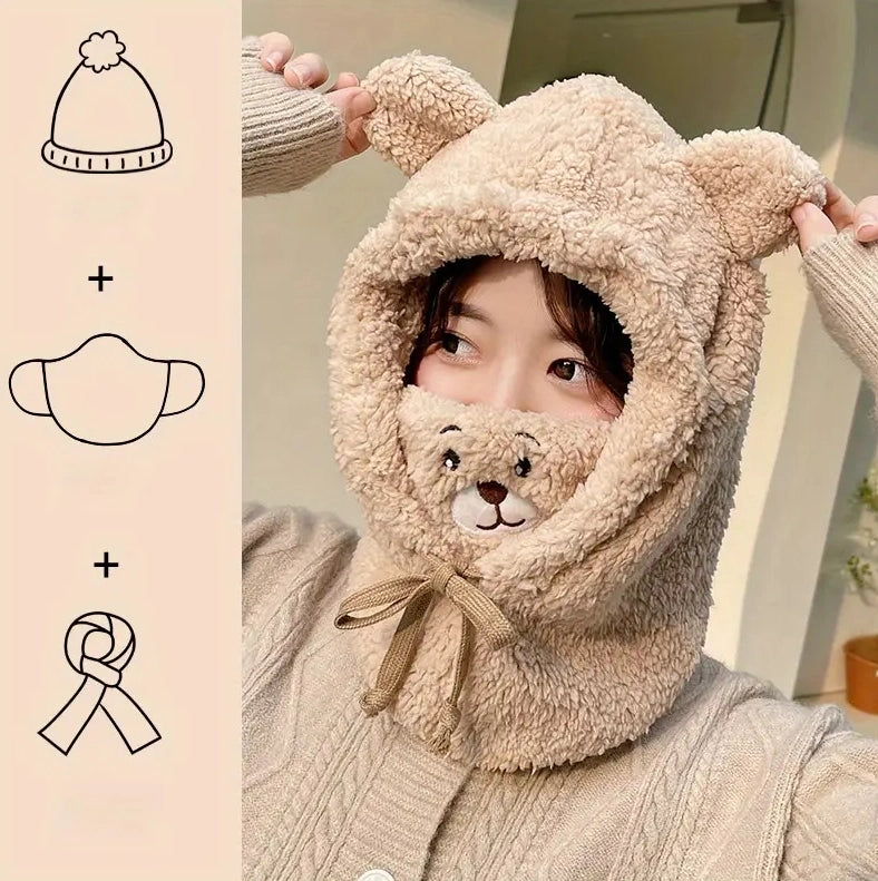 Cute Bear Integrated Ear Protection Windproof Cap Scarf