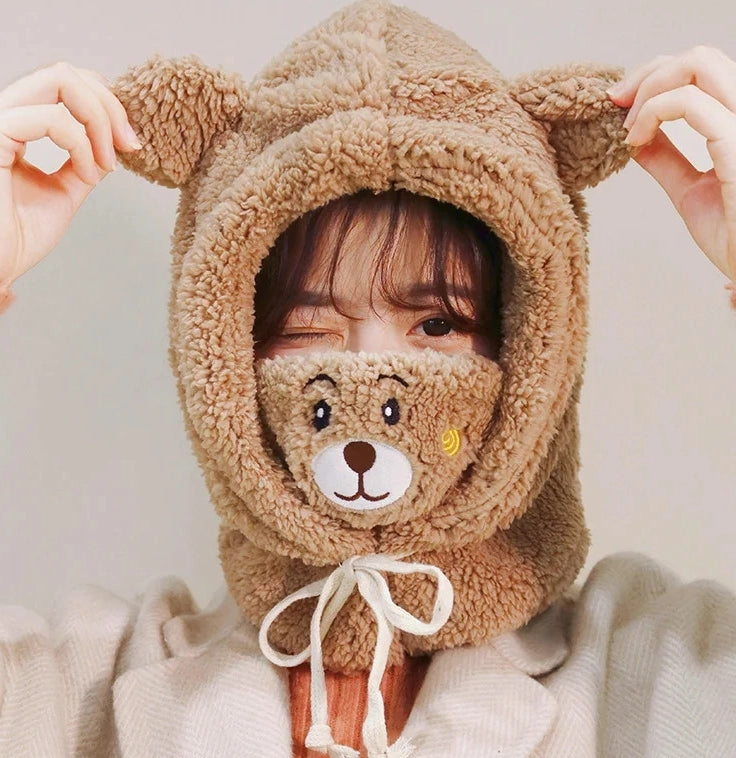 Cute Bear Integrated Ear Protection Windproof Cap Scarf