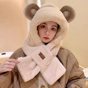 Cute Bear Integrated Ear Protection Windproof Cap Scarf