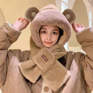 Cute Bear Integrated Ear Protection Windproof Cap Scarf