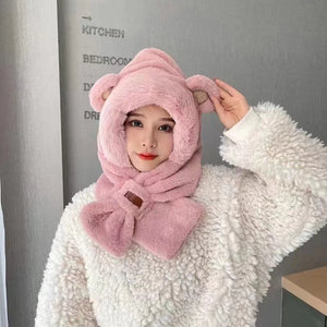 Cute Bear Integrated Ear Protection Windproof Cap Scarf