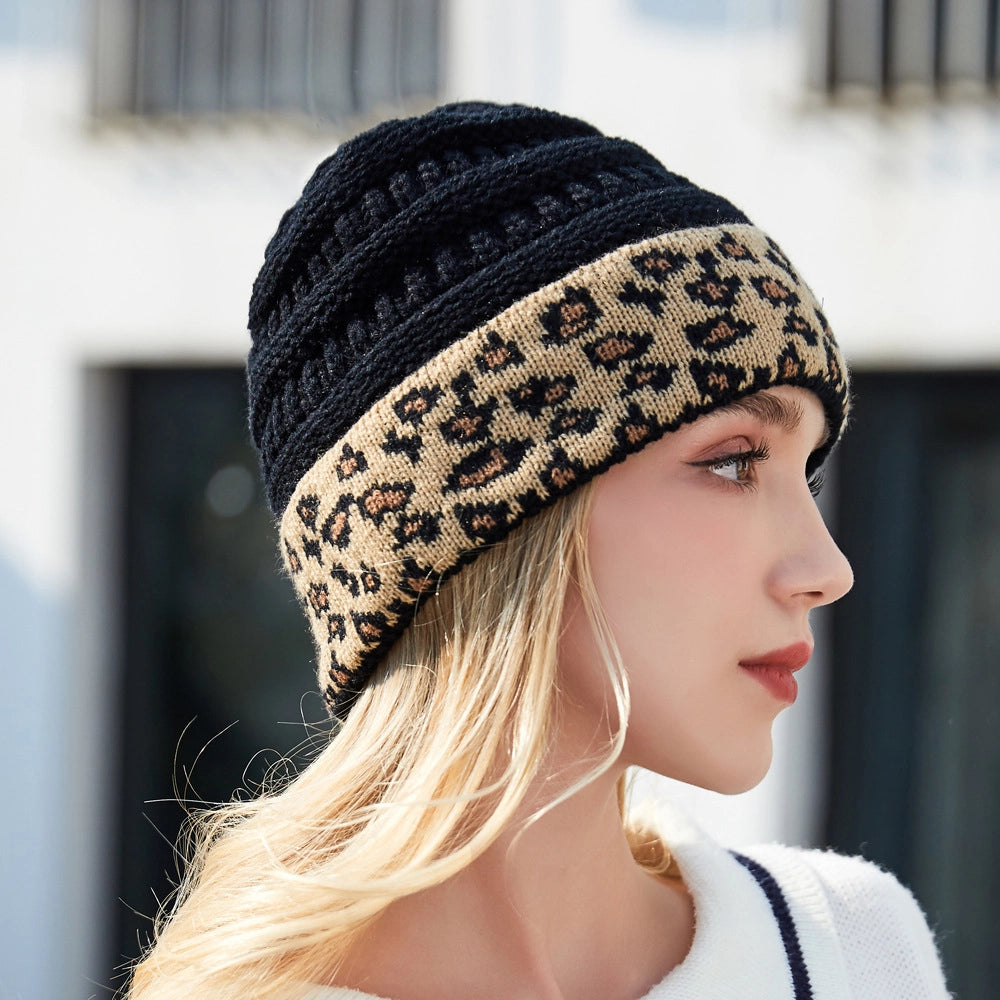 Women's Warm Leopard Pattern Flanging Knitted Hat