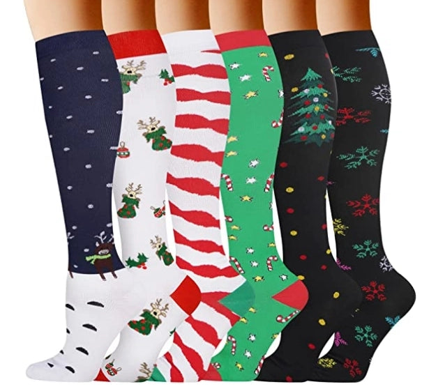 ROYALUCK Christmas Socks Colorful Patterned Winter Compression Socks (6 Pairs) for Women & Men(15-20mmHg)