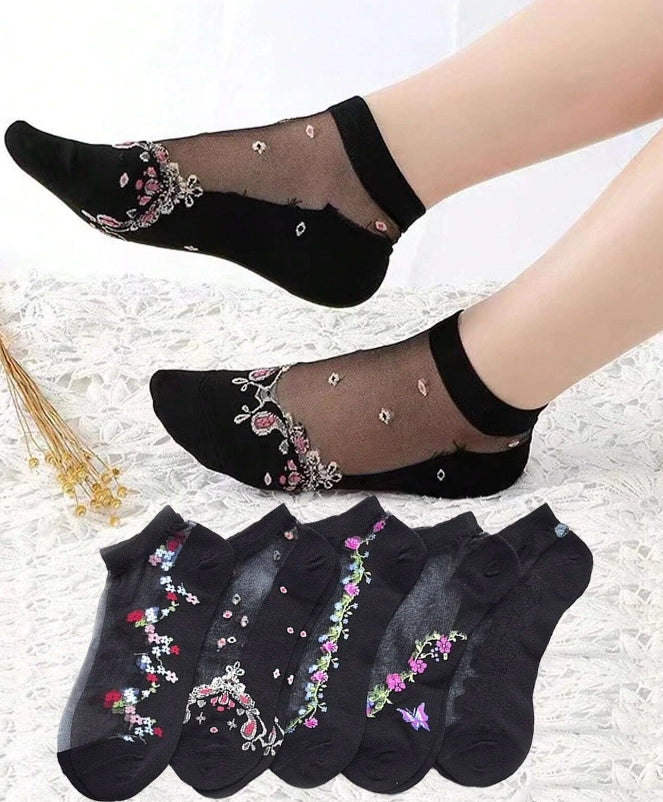 ROYALUCK 5 Pairs Embroidered Breathable Floral Mesh Casual Women’s Ankle Socks