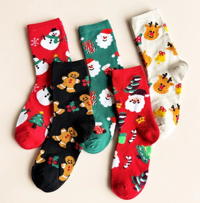 ROYALUCK 5 Pairs Christmas Socks Santa Claus Elk Snowman Gingerbread Man Cartoon Middle Tube Socks
