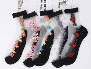 ROYALUCK 5 Pairs Women's Fashion Embroidered Flower Spring and Summer Thin Socks