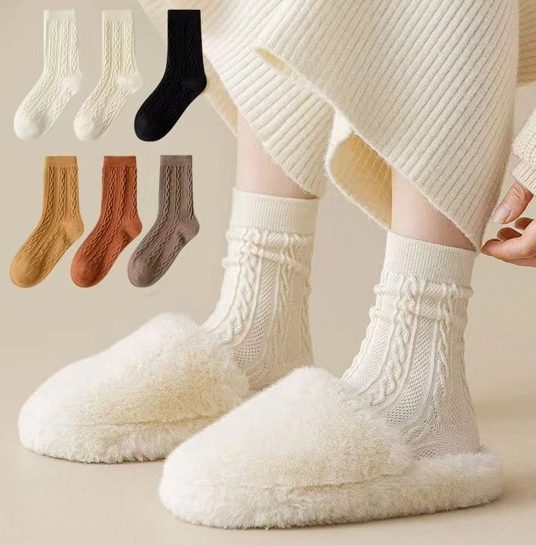 ROYALUCK 6 Pairs Winter Cotton Socks Solid Color Mid-Calf Socks