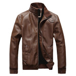 Artificial Leather Solid Color Motorcycle Jacket Zipper Closure Stand Collar Men's Coat