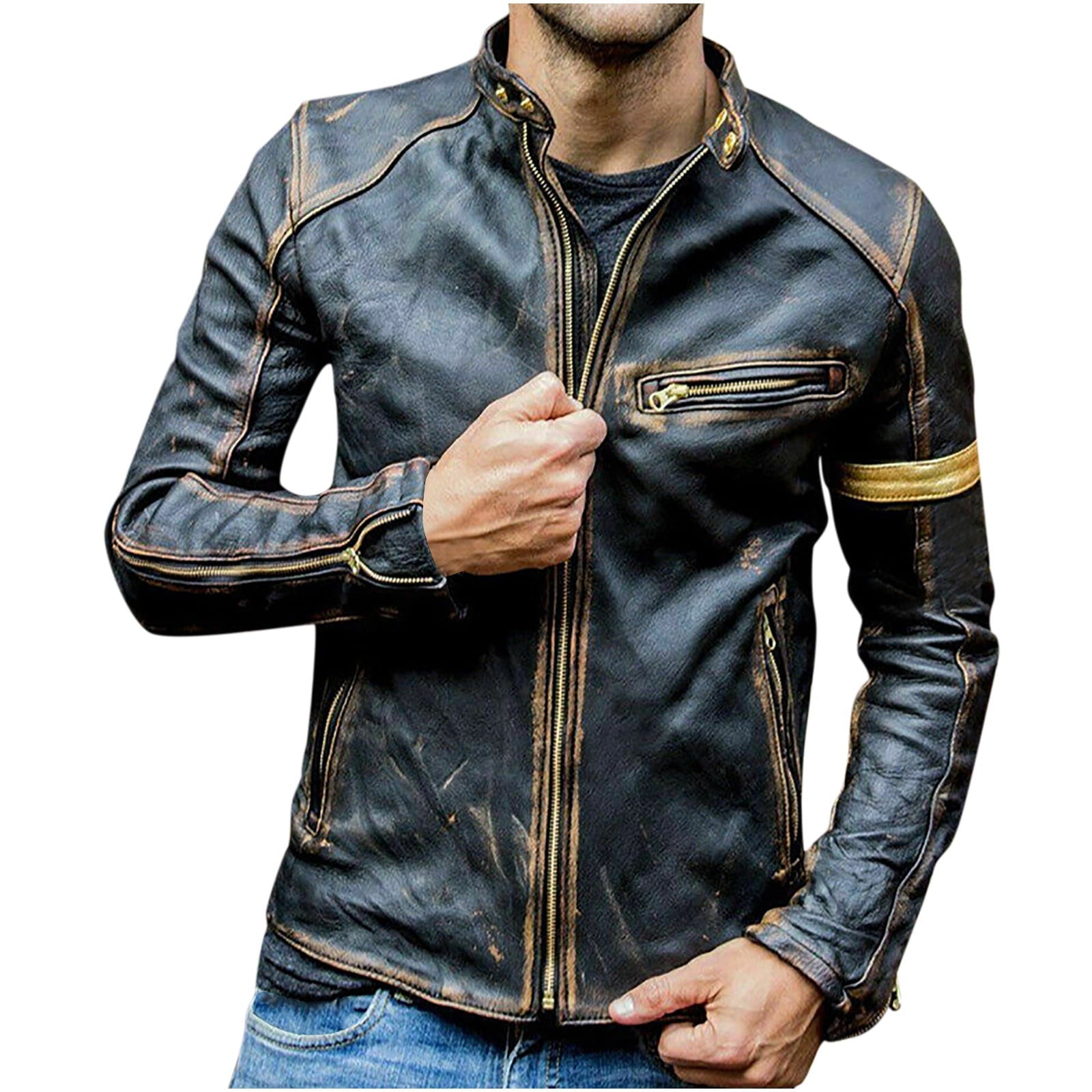 Men's Autumn Fashion Pure Color Stand Collar Imitation Leather Jacket Coat