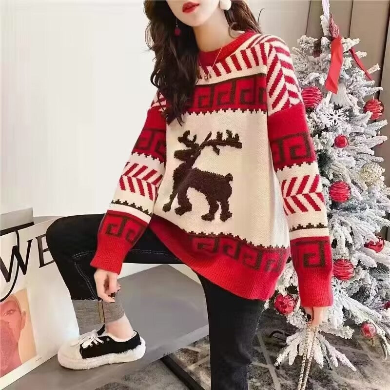 Christmas Tree Reindeer Print Sweater For Parties